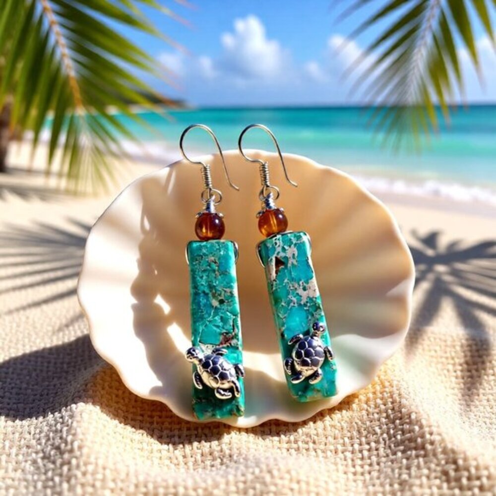 OOAK Sea Sediment Jasper & Sea Turtles Earrings! Tranquility Relaxation Vacation